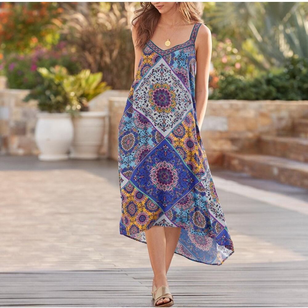 Sundance Triya Tapestry Boho Western Mandala Print Midi Hi Low Dress Size Small